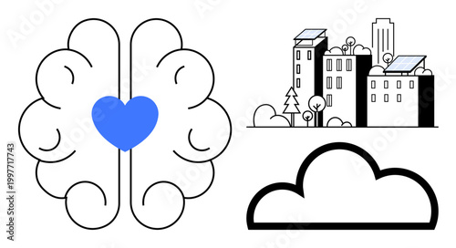 Mental health, sustainability, renewable energy, eco-friendly living, technology, environmental care. Brain with a heart, city buildings with solar panels abstract cloud. Mental health