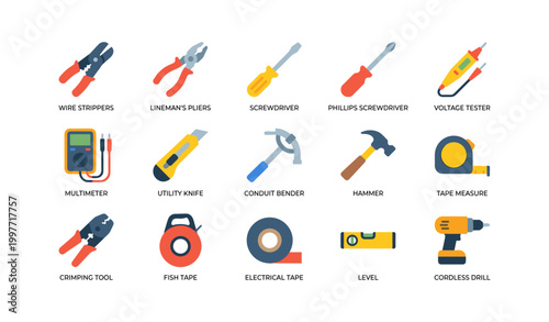 Electrical hand tools arranged in rows on white background