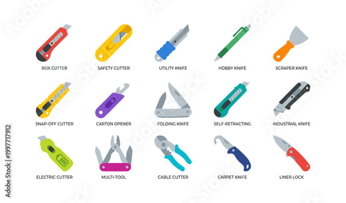 Utility and cutting tools arranged in grid on white background