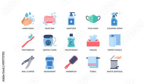 Personal hygiene items arranged in grid on white background