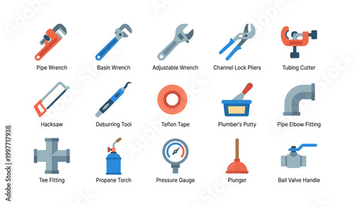 Plumbing tools arranged in grid layout on white background