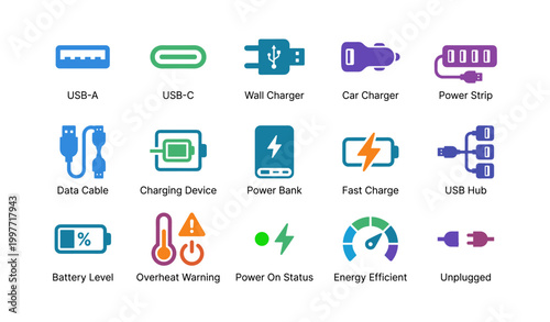Power and charging icons showing ports cables and devices