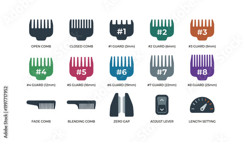 Clipper guard and comb icons displayed on white background