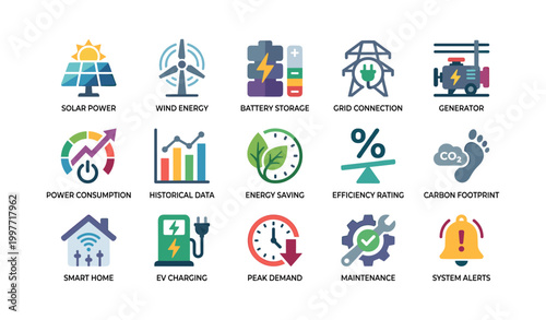 Energy management icons showing efficiency and power systems