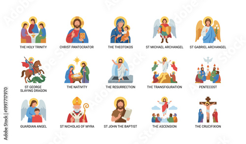 Christian saints and biblical event icons displayed in grid layout