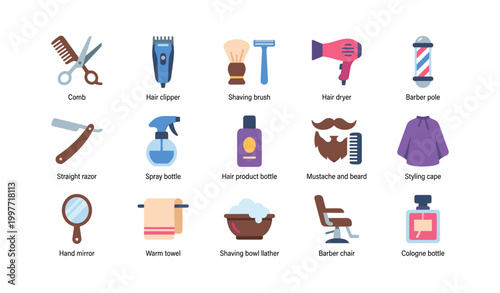 Barber tools arranged in grid with labels on white background