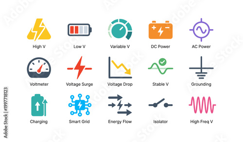 Electrical icons illustrating voltage, power, and grid symbols