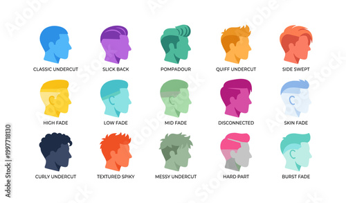 Male head silhouettes displaying haircut styles on white background