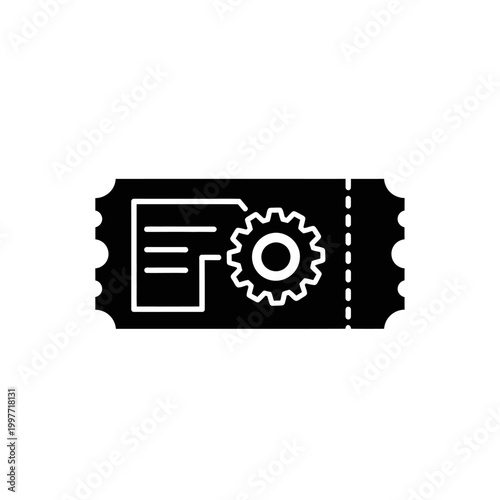 Ticket with gear symbol representing settings and document information.