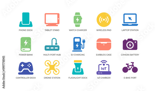 Collection of device dock icons representing chargers and stations