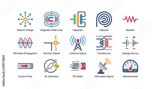Electrical icons illustrating circuit and em concepts on white