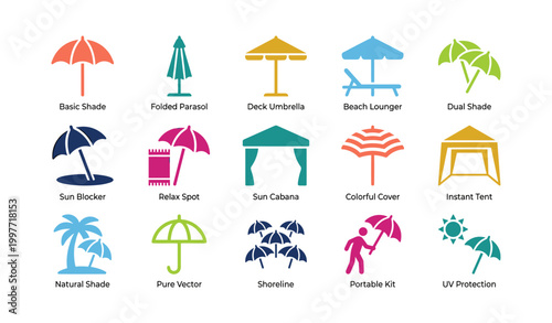 Beach umbrellas and shade icons arranged on white background