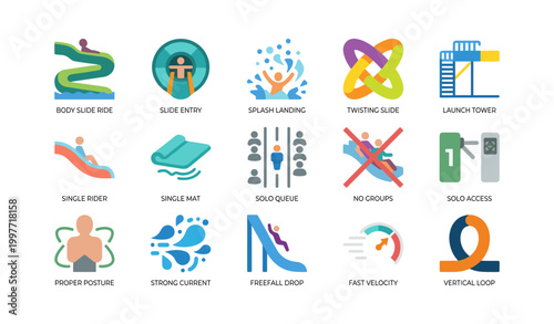 Waterpark icons displaying slide types and safety symbols