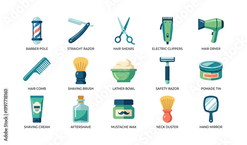 Barber tools and grooming items arranged on white background