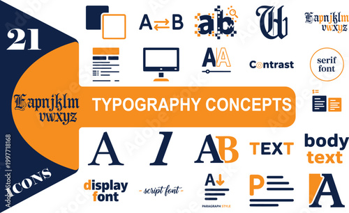 TYPOGRAPHY CONCEPTS: typography, icons, fonts, display, script, serif, sans, text, body, contrast, concepts, graphic, design, digital, visual, communication, style, information, visuals
