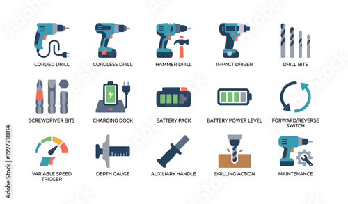 Power drills and accessory icons showing types on white background