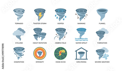 Set of tornado and vortex icons showing storm symbols