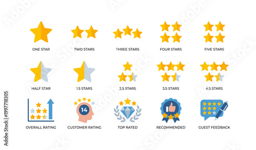 Rating star icons showing various star counts on white background