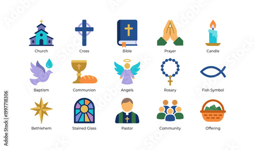 Christian symbols arranged in a grid on white background