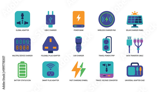 Electronic charging and adapter icons displayed on white background
