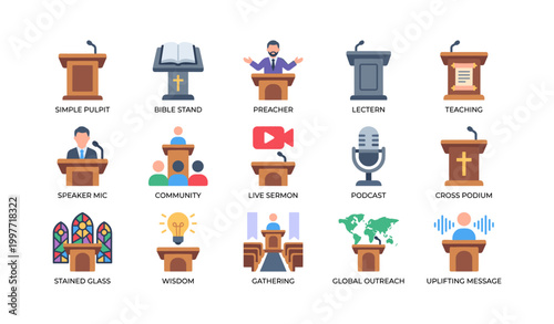 Church pulpit and worship icons arranged in grid layout