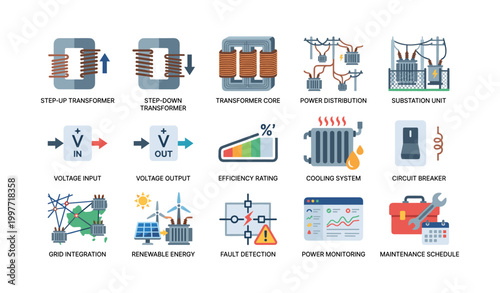 Power transformer icons showing distribution and grid on white