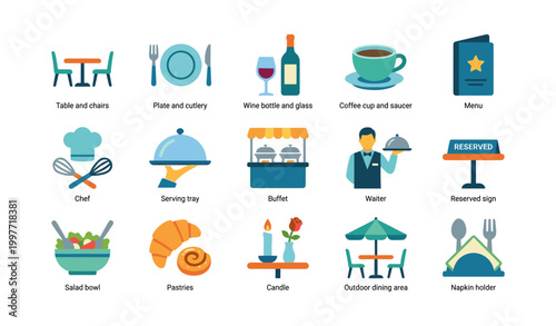 Dining icons showing restaurant items and service on white