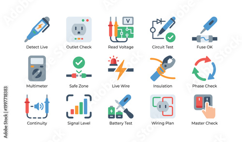 Electrical testing and safety tool icons shown in grid on white