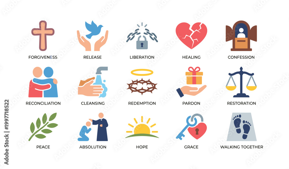 Fototapeta premium Religious icons representing forgiveness and healing in grid