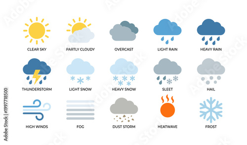 Weather icons illustrating daily conditions on white background