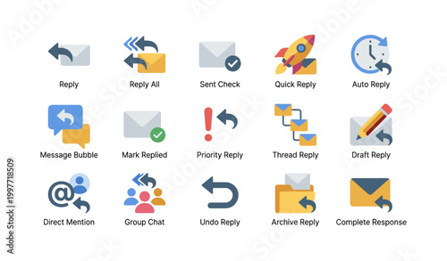 Email and reply icons arranged in grid on white background
