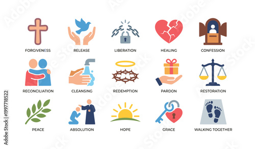 Religious icons representing forgiveness and healing in grid