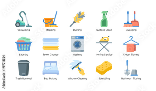 Cleaning tools and chores displayed on white background