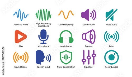 Audio and sound icons displayed on white background
