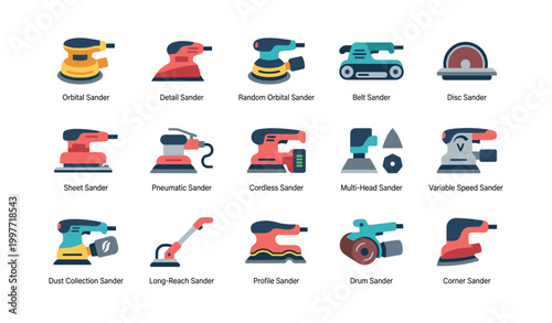 Various sanders arranged in grid on a white background