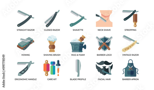 Straight razors and shaving tools displayed in grid on white