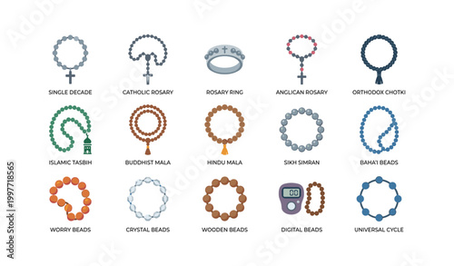 Collection of prayer beads and malas displayed in grid