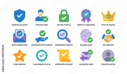 Security icons with verification badges and checkmarks on white