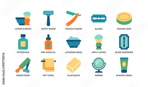 Shaving and grooming icons showing razors and accessories on white