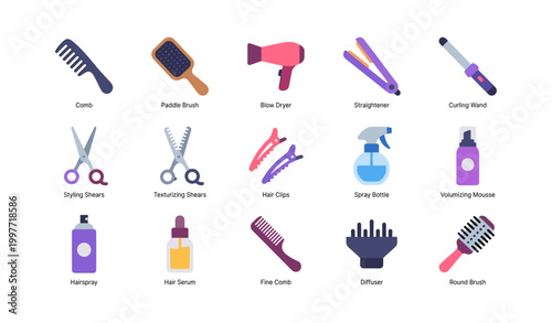 Hair styling icons showing tools and products on white background