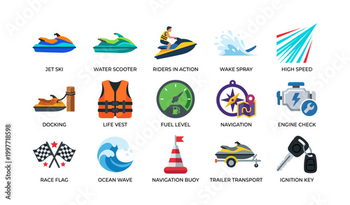 Jet ski and water scooter safety icons on white background