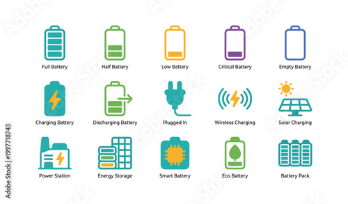 Battery and charging icons arranged in grid on white background