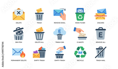 Email delete icons arranged in labeled grid on white background
