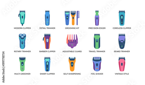 Grooming tools icons arranged in labeled grid on white background