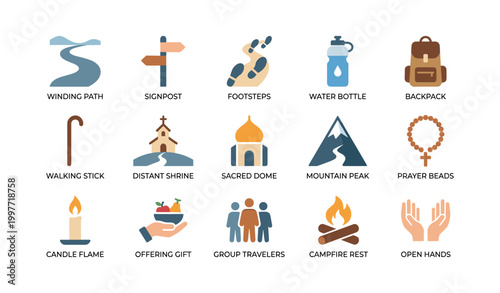 Hiking and pilgrimage icons for path, shrine and supplies