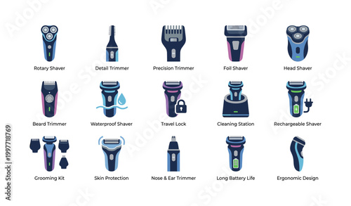 Electric shavers and trimmers arranged in grid on white background