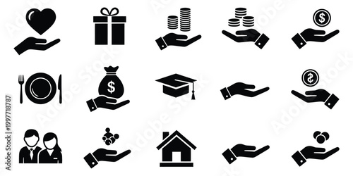 Charity and donation icons a collection representing giving and support for various causes