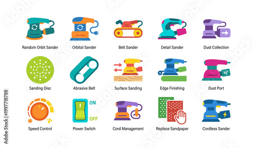 Sander icons arranged in labeled grid on white background