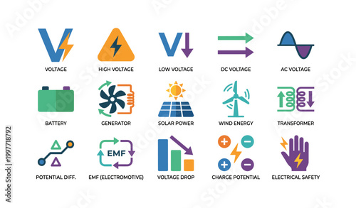 Electrical and energy icons showing voltage power and safety on white