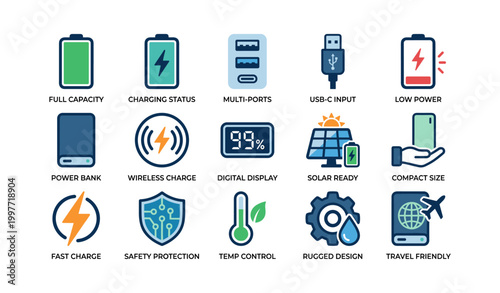 Charging features and power bank icons displayed with labels